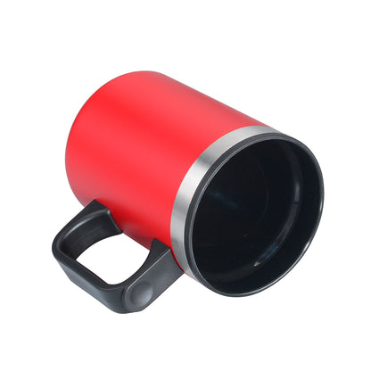 Lou 14oz double wall red camping mug with black handle and stainless steel rim, no logo