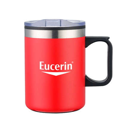 Red Lou 14oz double wall camping mug with handle, stainless steel trim, and clear plastic lid, featuring Eucerin logo