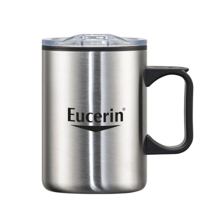 Lou 14oz double wall stainless steel camping mug with handle, clear lid, and printed Eucerin logo in black
