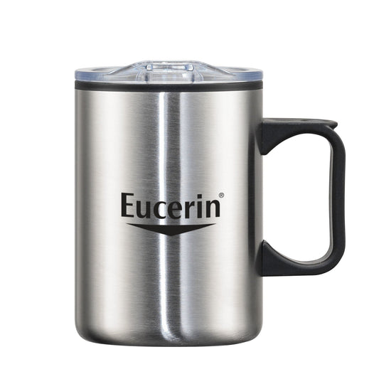 Lou 14oz double wall stainless steel camping mug with handle, clear lid, and printed Eucerin logo in black