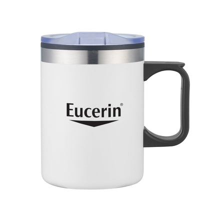 Lou 14oz double wall white camping mug with handle, clear lid, and printed Eucerin logo in black