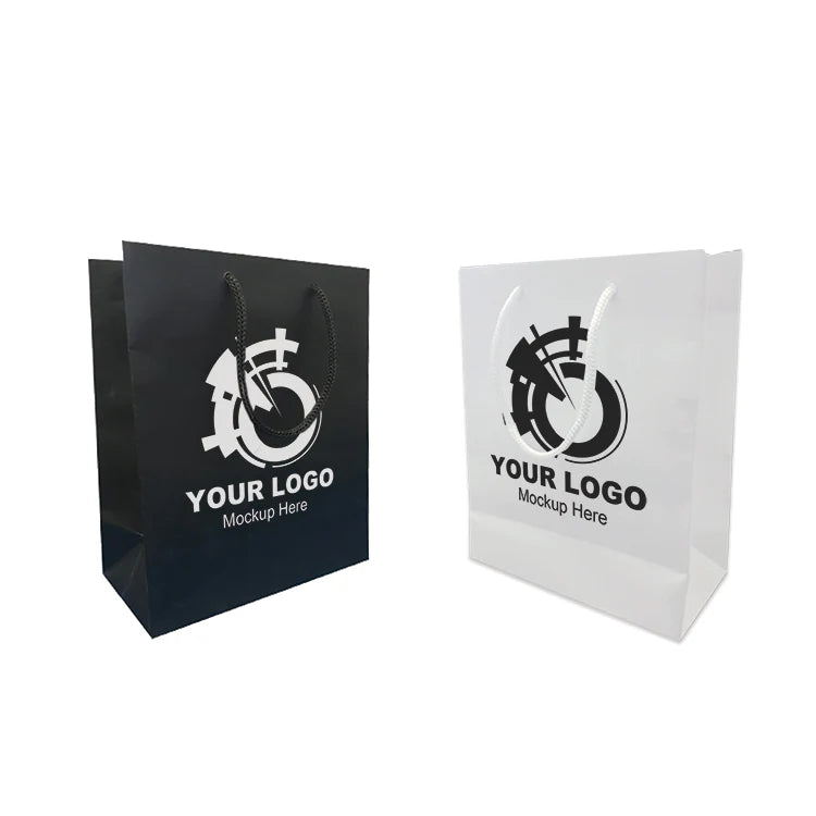 Small matte laminated paper Euro tote bags in black and white with custom logo print and rope handles, 8 inches wide, 4 inches deep, 10 inches high