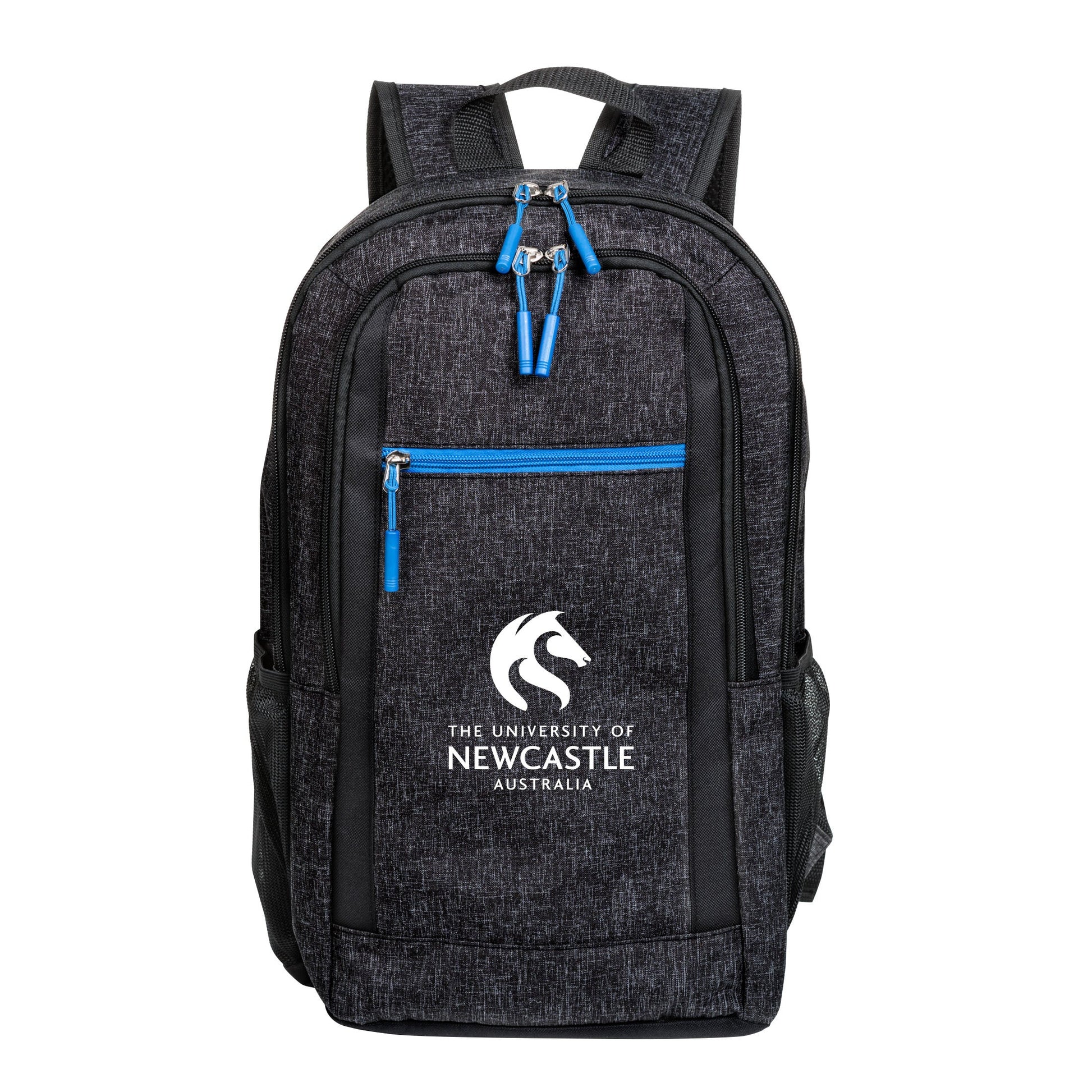 Metropolis backpack 11.75"W x 18"H x 3.5"D in black with blue zipper accents, three zippered pockets, mesh side pockets, and custom University of Newcastle logo