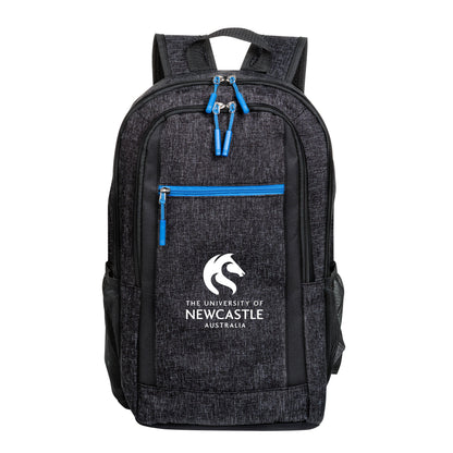 Metropolis backpack 11.75"W x 18"H x 3.5"D in black with blue zipper accents, three zippered pockets, mesh side pockets, and custom University of Newcastle logo