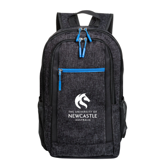 Metropolis backpack 11.75"W x 18"H x 3.5"D in black with blue zipper accents, three zippered pockets, mesh side pockets, and custom University of Newcastle logo