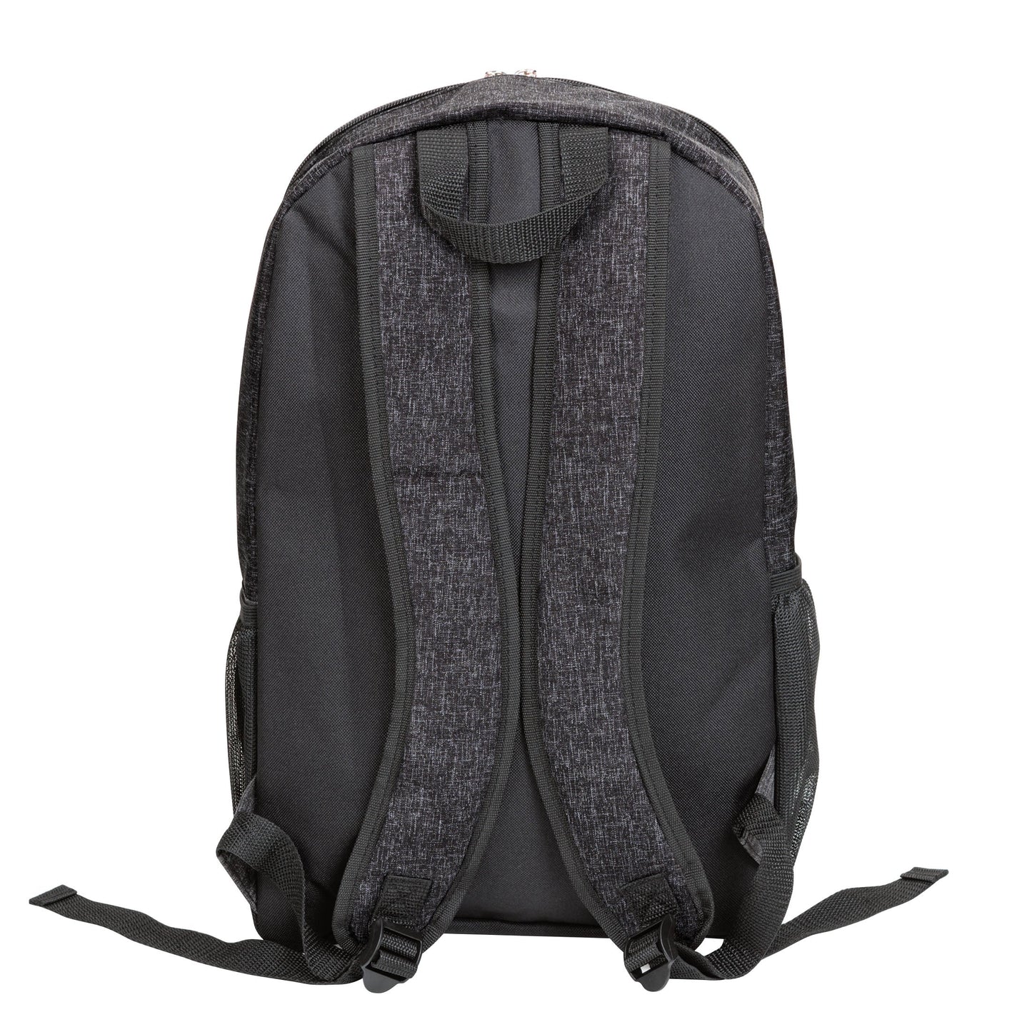 Metropolis backpack 11.75"W x 18"H x 3.5"D back view showing padded adjustable shoulder straps and top carry handle in black