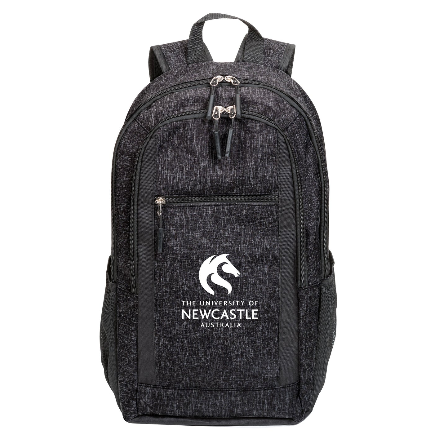 Metropolis backpack 11.75"W x 18"H x 3.5"D in black with black zipper accents, mesh side pockets, and custom University of Newcastle logo