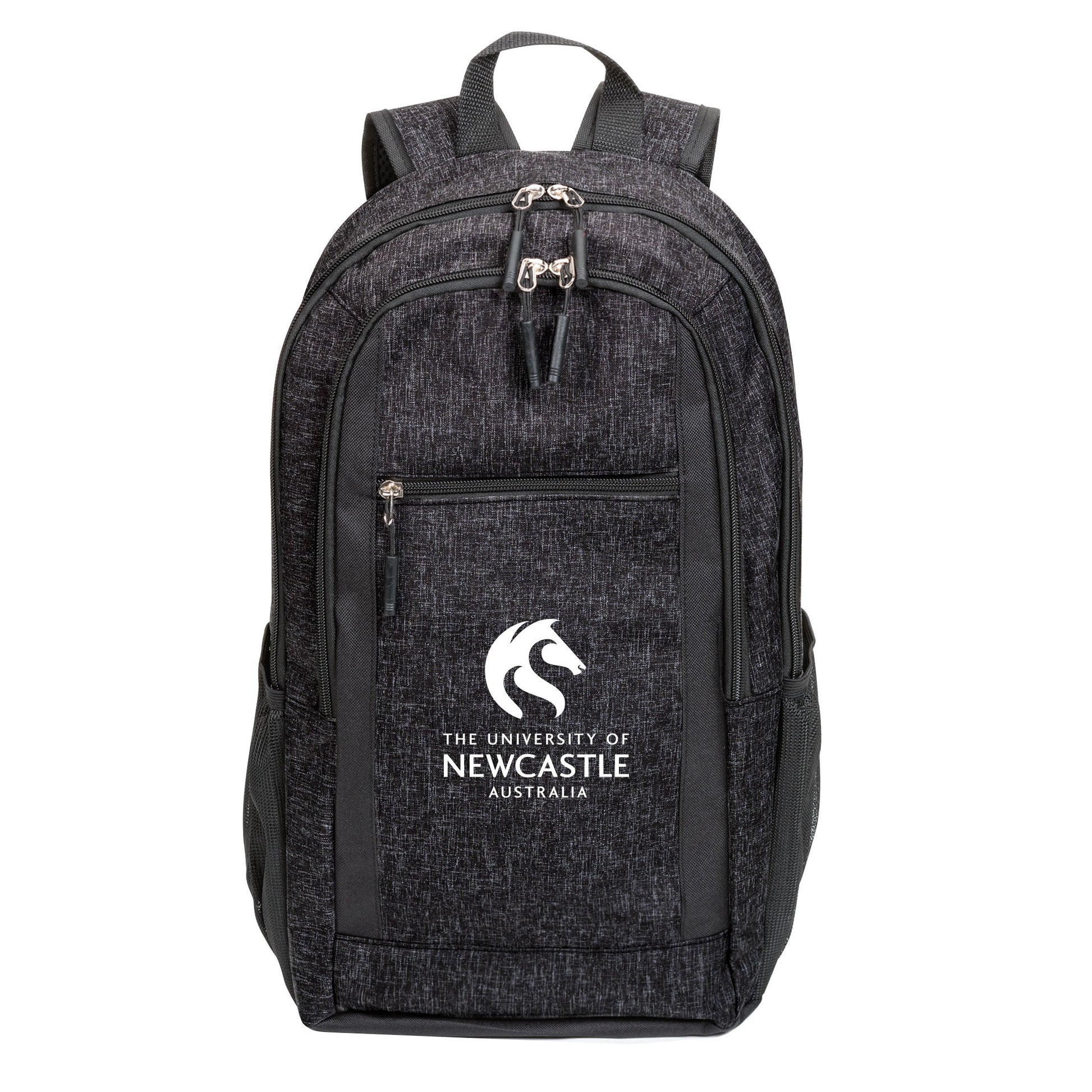 Metropolis backpack 11.75"W x 18"H x 3.5"D in black with black zipper accents, mesh side pockets, and custom University of Newcastle logo