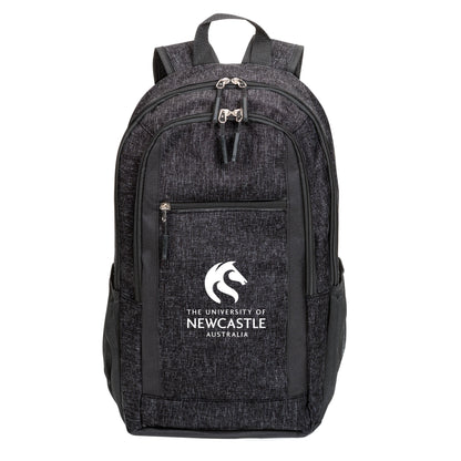 Metropolis backpack 11.75"W x 18"H x 3.5"D in black with black zipper accents, mesh side pockets, and custom University of Newcastle logo