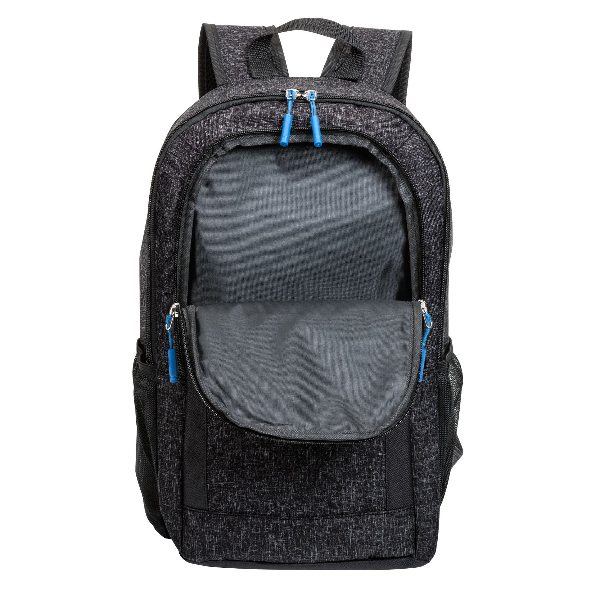 Metropolis backpack 11.75"W x 18"H x 3.5"D in black with blue zipper accents, front pocket open showing organized interior compartment