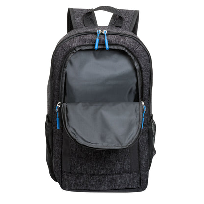 Metropolis backpack 11.75"W x 18"H x 3.5"D in black with blue zipper accents, front pocket open showing organized interior compartment