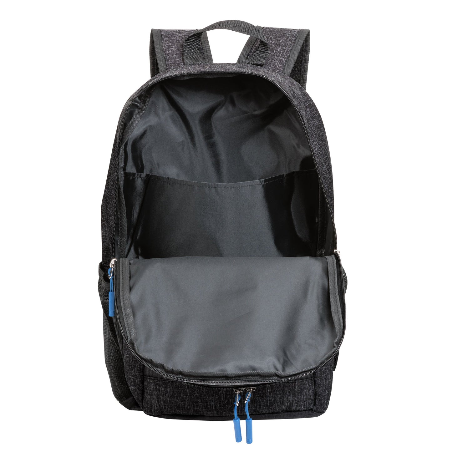 Metropolis backpack 11.75"W x 18"H x 3.5"D in black, open view showing spacious interior with laptop sleeve and blue zipper accents
