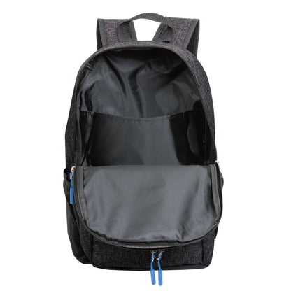 Metropolis backpack 11.75"W x 18"H x 3.5"D in black, open view showing spacious interior with laptop sleeve and blue zipper accents