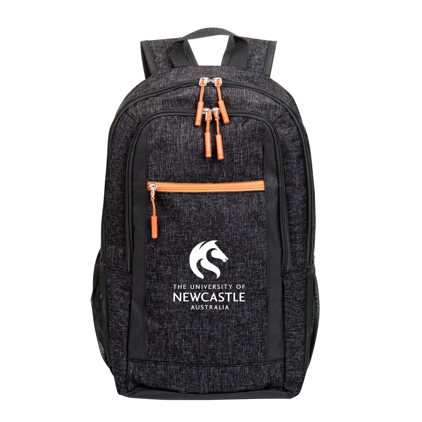 Metropolis backpack 11.75"W x 18"H x 3.5"D in black with orange zipper accents, mesh side pockets, and custom University of Newcastle logo