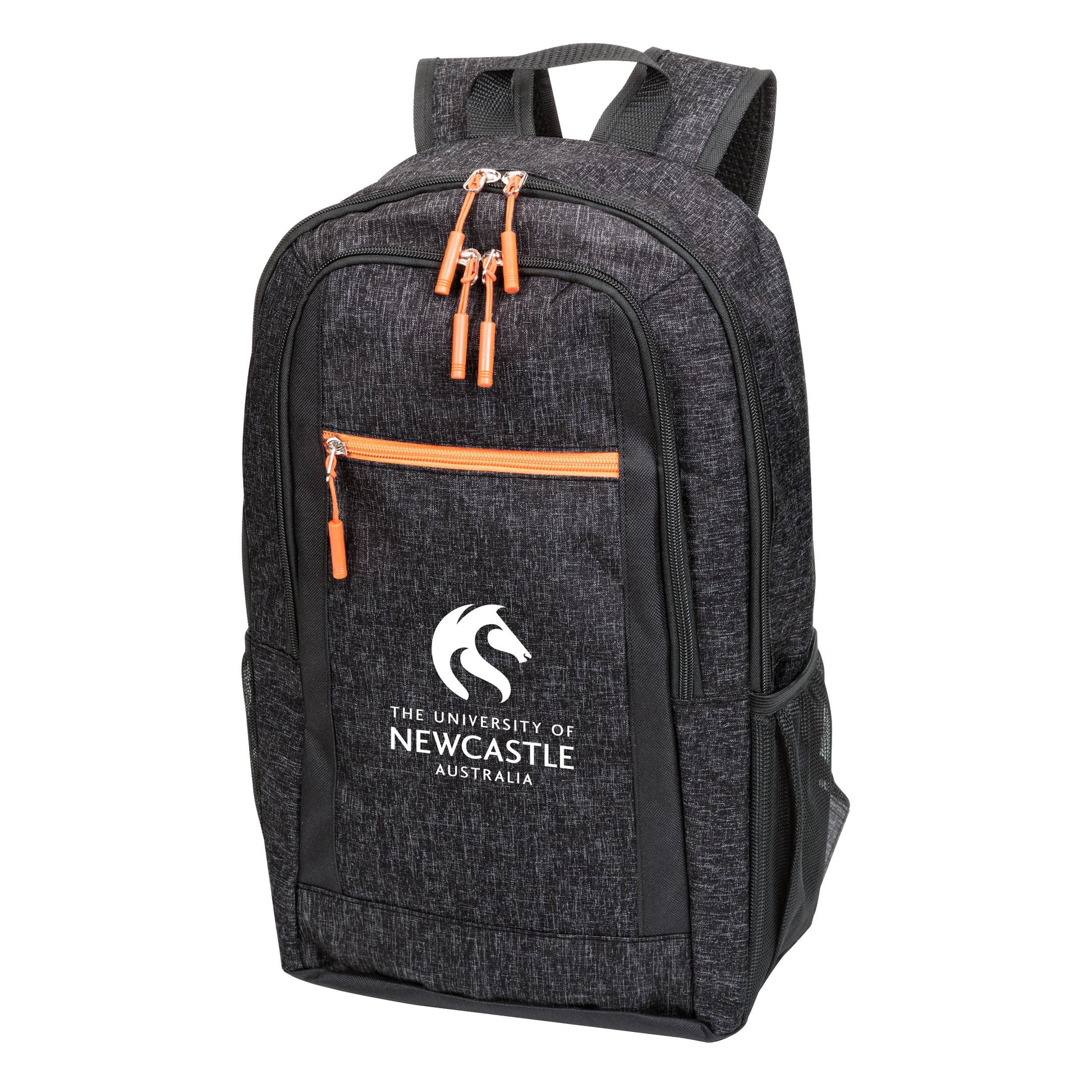 Metropolis backpack 11.75"W x 18"H x 3.5"D in black with orange zipper accents, side view showing mesh pocket and University of Newcastle logo