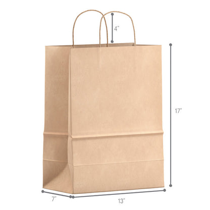 Natural kraft paper shopping bag with twisted handles, eco-friendly design, 13 inches wide, 7 inches deep, 17 inches high, ideal for retail and groceries