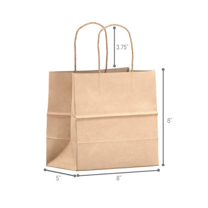 Natural kraft paper shopping bag with twisted handles, eco-friendly and sturdy design, 8 inches wide, 5 inches deep, 8 inches high, ideal for small retail items and gifts
