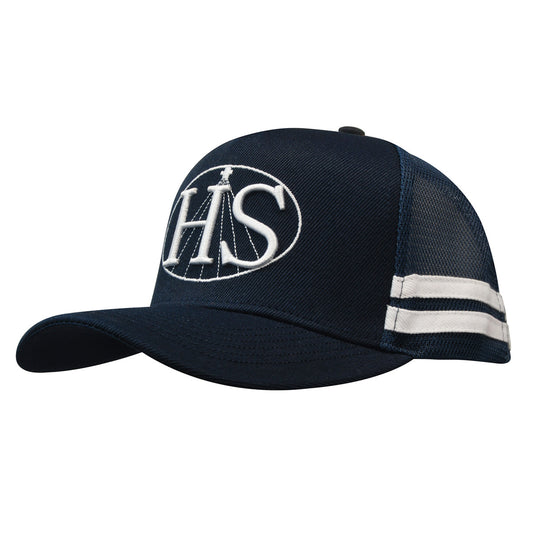 Navy American premium twill and mesh deep fit trucker hat with white stripes and embroidered HS logo