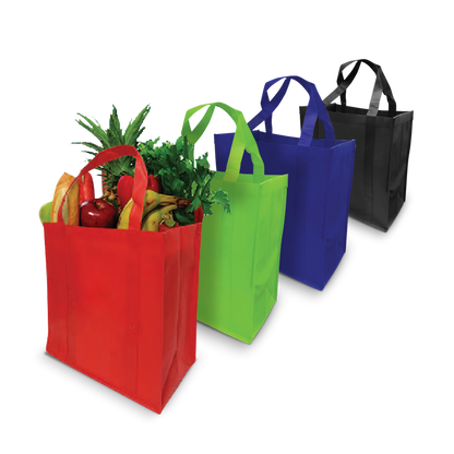 Non-woven reusable grocery bags 15"W x 8"D x 15"H with reinforced handles, shown in red, green, blue, and black, with produce inside red bag