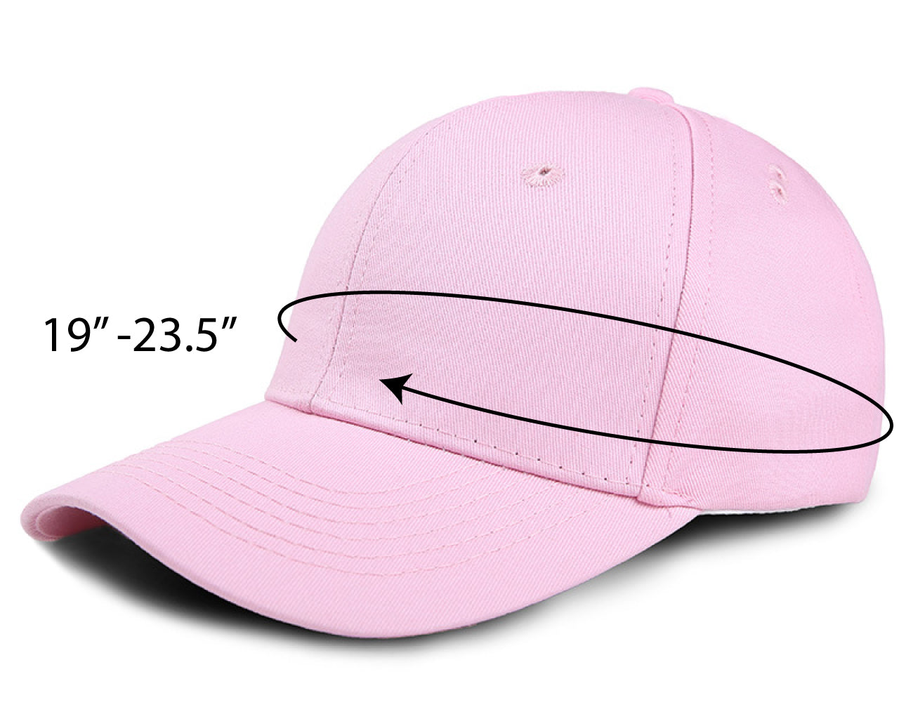 Pink constructed heavy weight cotton cap showing adjustable head circumference range of 19 to 23.5 inches.