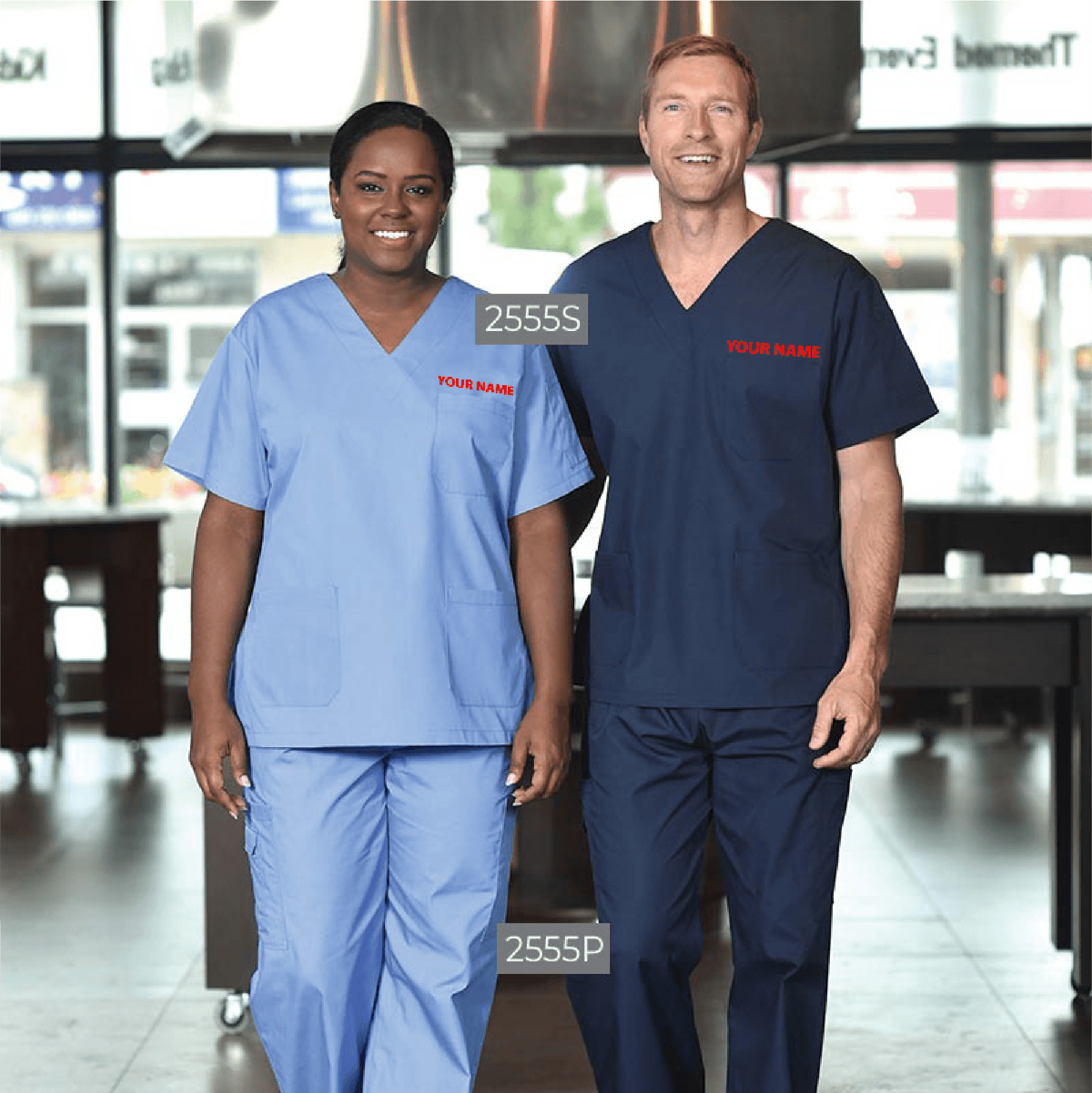 Premium unisex V-neck scrub set with logo embroidery in blue and navy colors, modeled by healthcare professionals