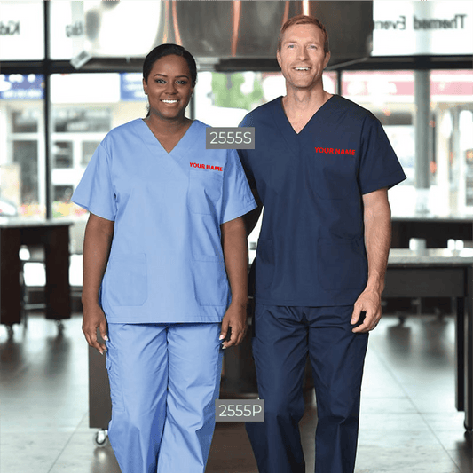Premium unisex V-neck scrub set with logo embroidery in blue and navy colors, modeled by healthcare professionals