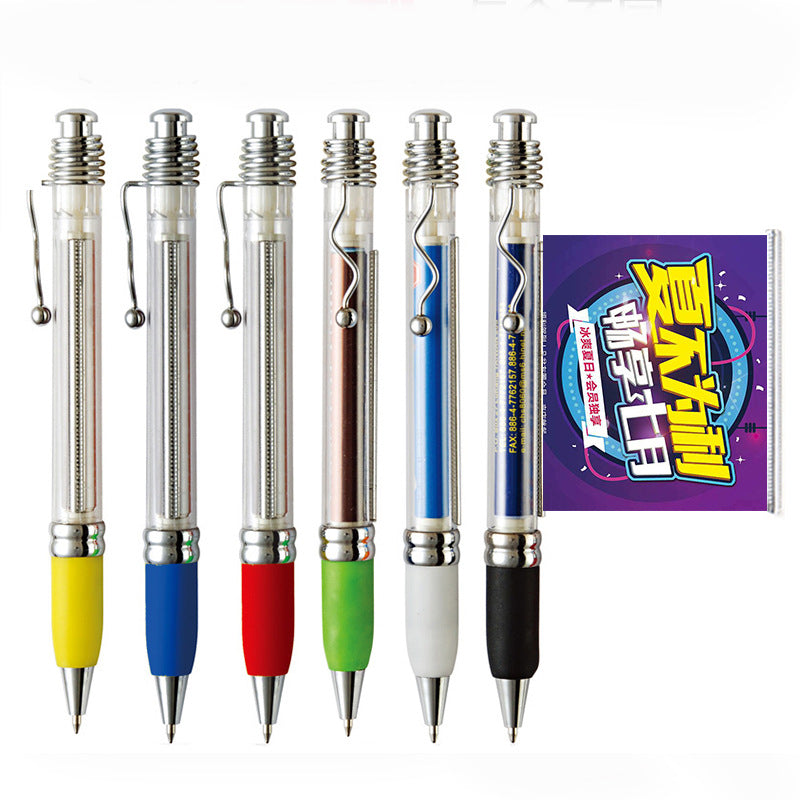 Pull-out ad ballpoint pens with multi-color grips and retractable banners for custom promotional advertising.
