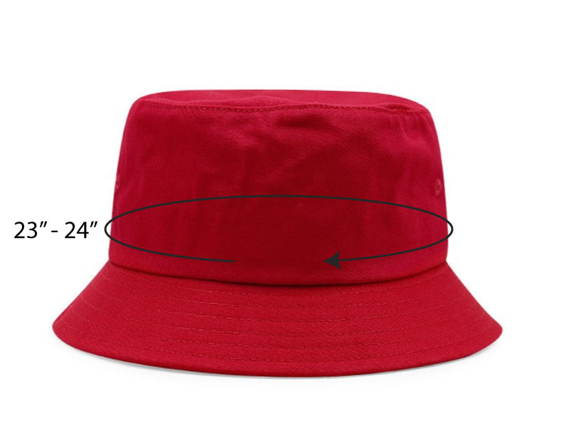 Red custom bucket hat with measurement guide showing 23 to 24 inch circumference around the crown.