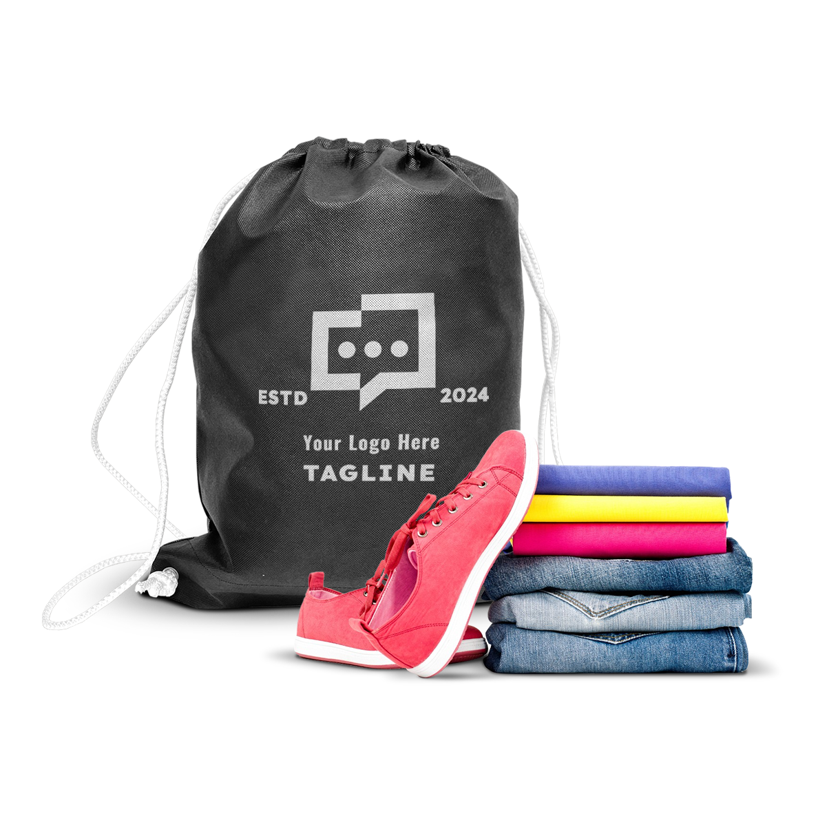 Reusable non-woven drawstring sport backpack 16"W x 19"H 80gsm in black with custom logo, shown with red sneakers and folded clothes