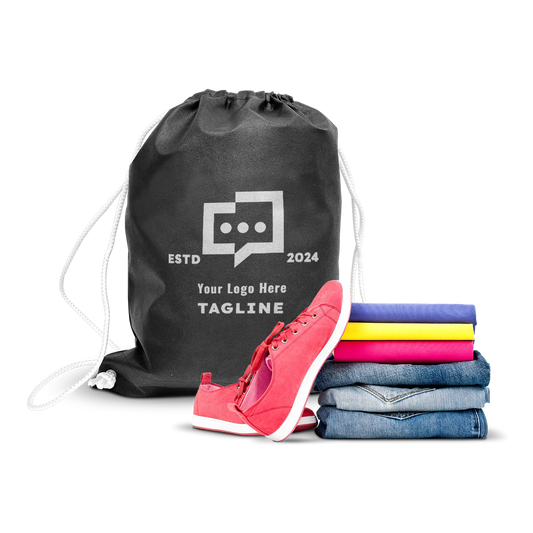 Reusable non-woven drawstring sport backpack 16"W x 19"H 80gsm in black with custom logo, shown with red sneakers and folded clothes