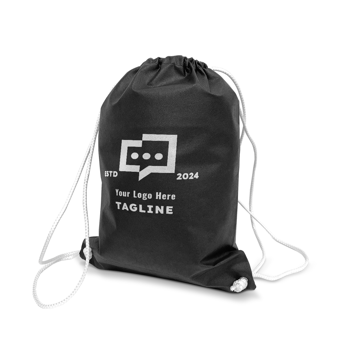 Reusable non-woven drawstring sport backpack 16"W x 19"H 80gsm in black with custom logo print, shown standing with white drawstrings