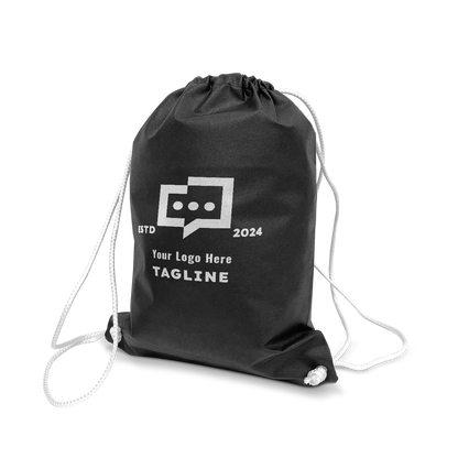 Reusable non-woven drawstring sport backpack 16"W x 19"H 80gsm in black with custom logo print, shown standing with white drawstrings