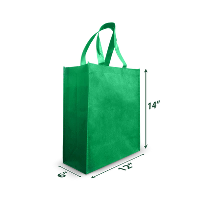 Reusable medium non-woven shopping bag, 12 inches wide by 6 inches deep by 14 inches high, green color, blank with no imprint.