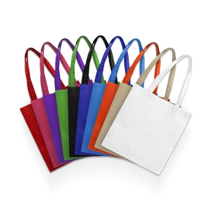 Reusable non-woven shopping bags, best value design, 15 inches wide by 16 inches high, 80gsm, available in multiple colors with custom logo imprint.