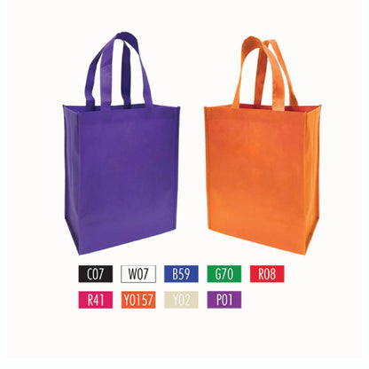 Reusable medium non-woven shopping bags, 12 inches wide by 6 inches deep by 14 inches high, available in multiple colors with custom logo imprint options.