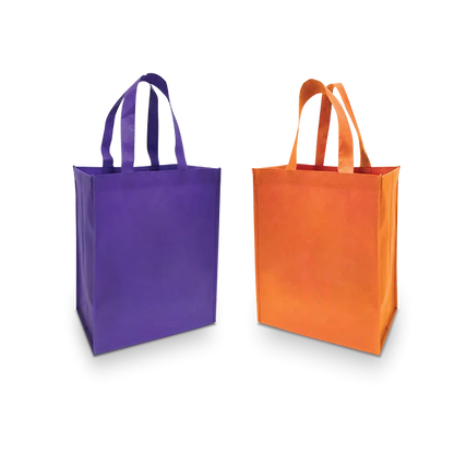 Reusable medium non-woven shopping bags, 12 inches wide by 6 inches deep by 14 inches high, shown in purple and orange with custom beach club logo imprint.
