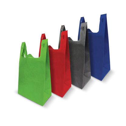 Reusable T-shirt style non-woven shopping bags, 11 inches wide by 7 inches deep by 20 inches high, 70gsm, in green, red, gray, and blue with custom logo imprint.