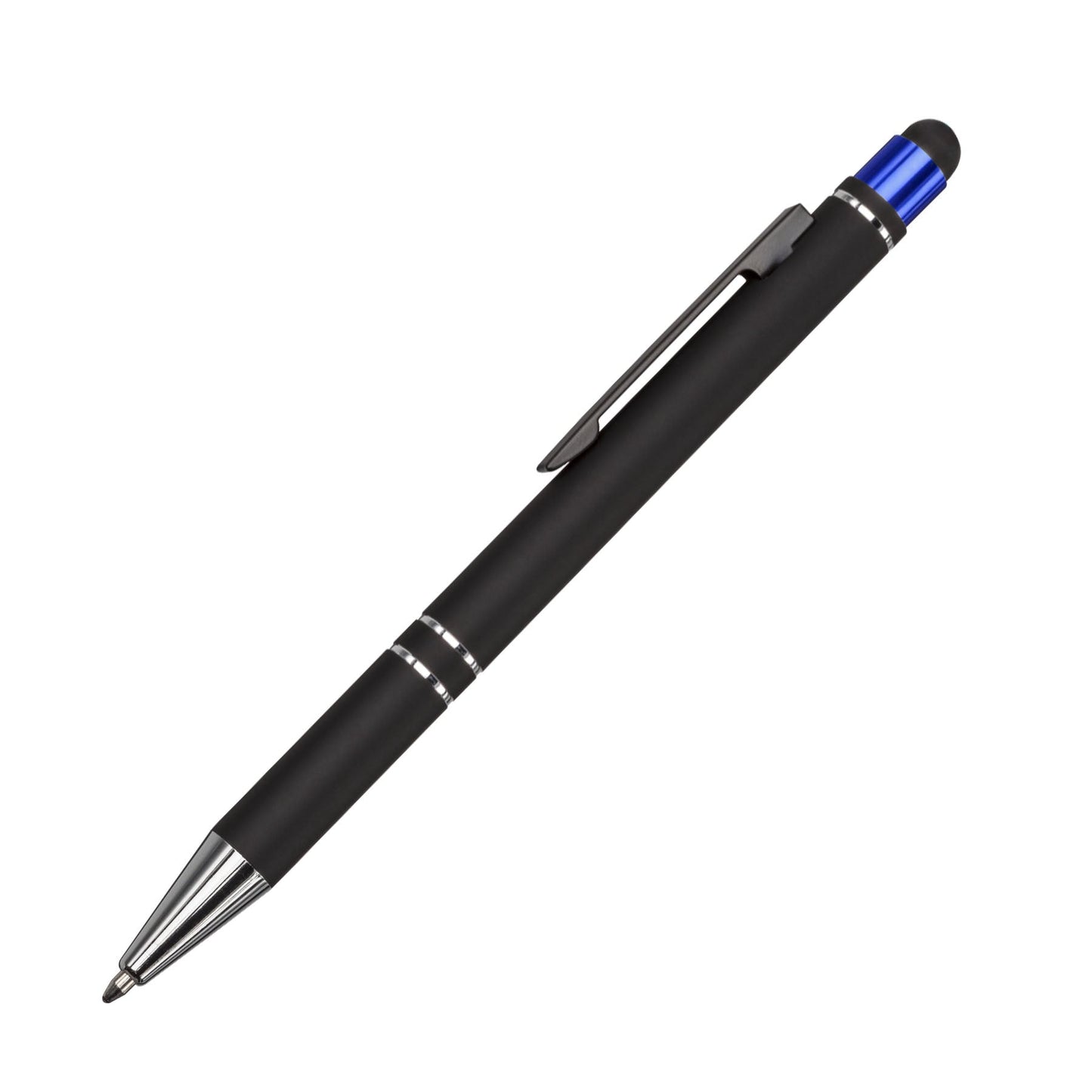 Scroll metal ballpoint pen with black barrel, chrome accents, blue top detail, and built-in stylus tip.
