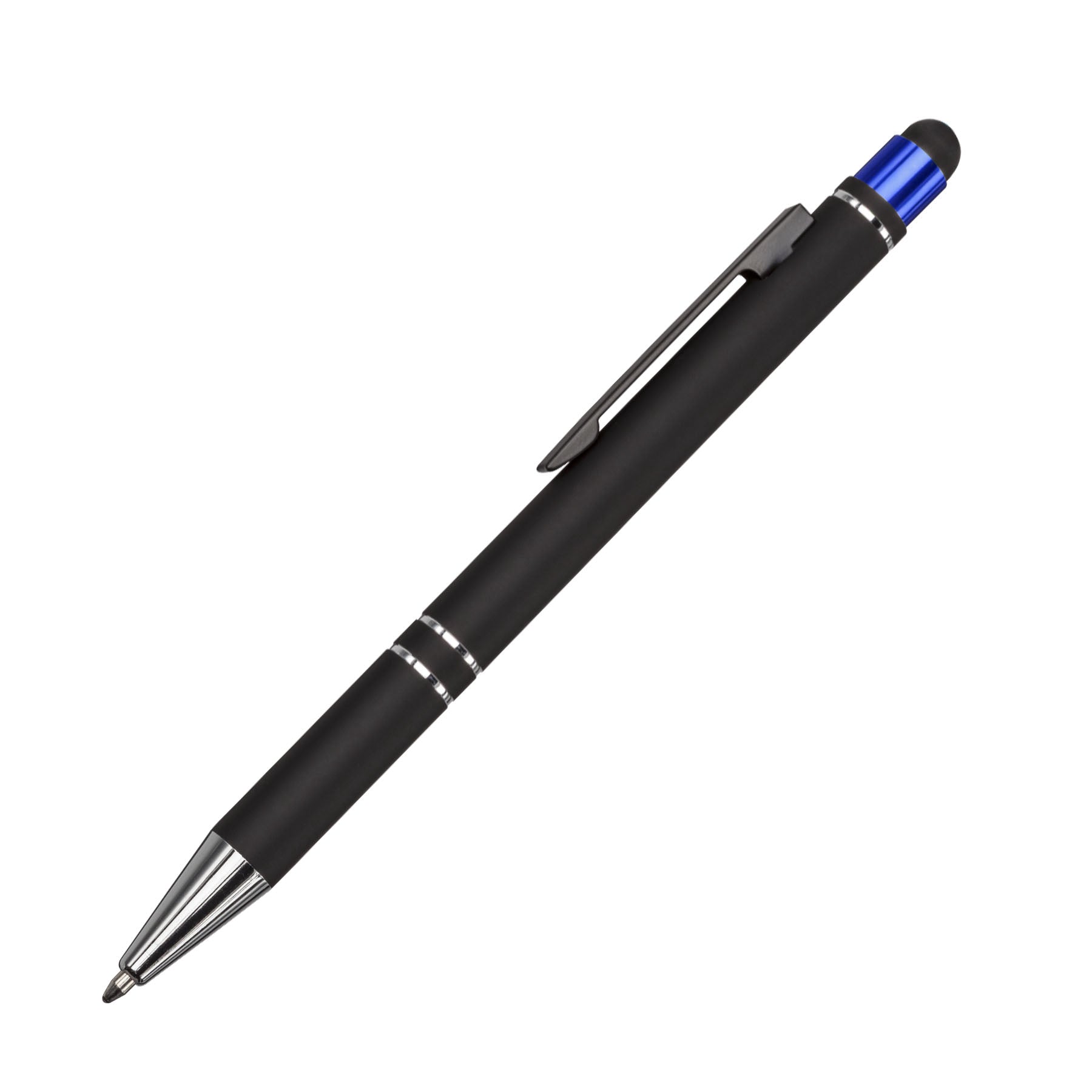 Scroll metal ballpoint pen with black barrel, chrome accents, blue top detail, and built-in stylus tip.
