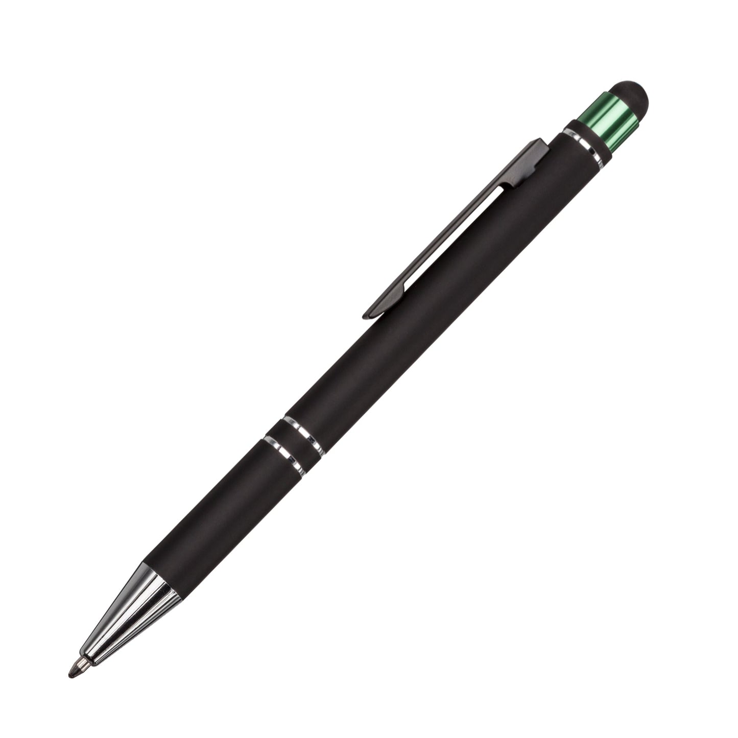 Scroll metal ballpoint pen with black barrel, chrome accents, green top detail, and built-in stylus tip.