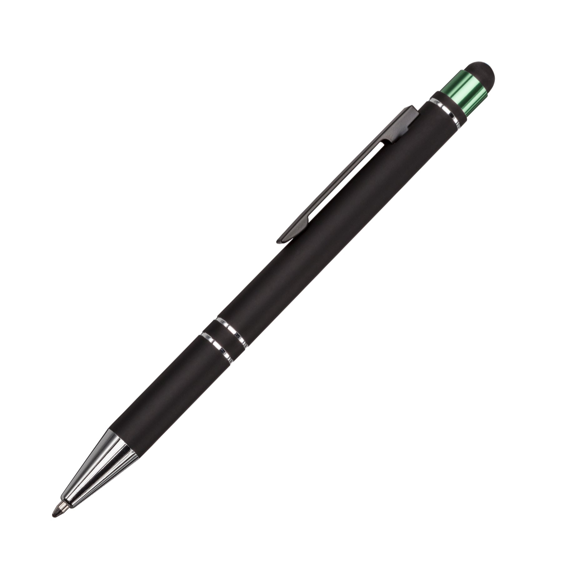 Scroll metal ballpoint pen with black barrel, chrome accents, green top detail, and built-in stylus tip.