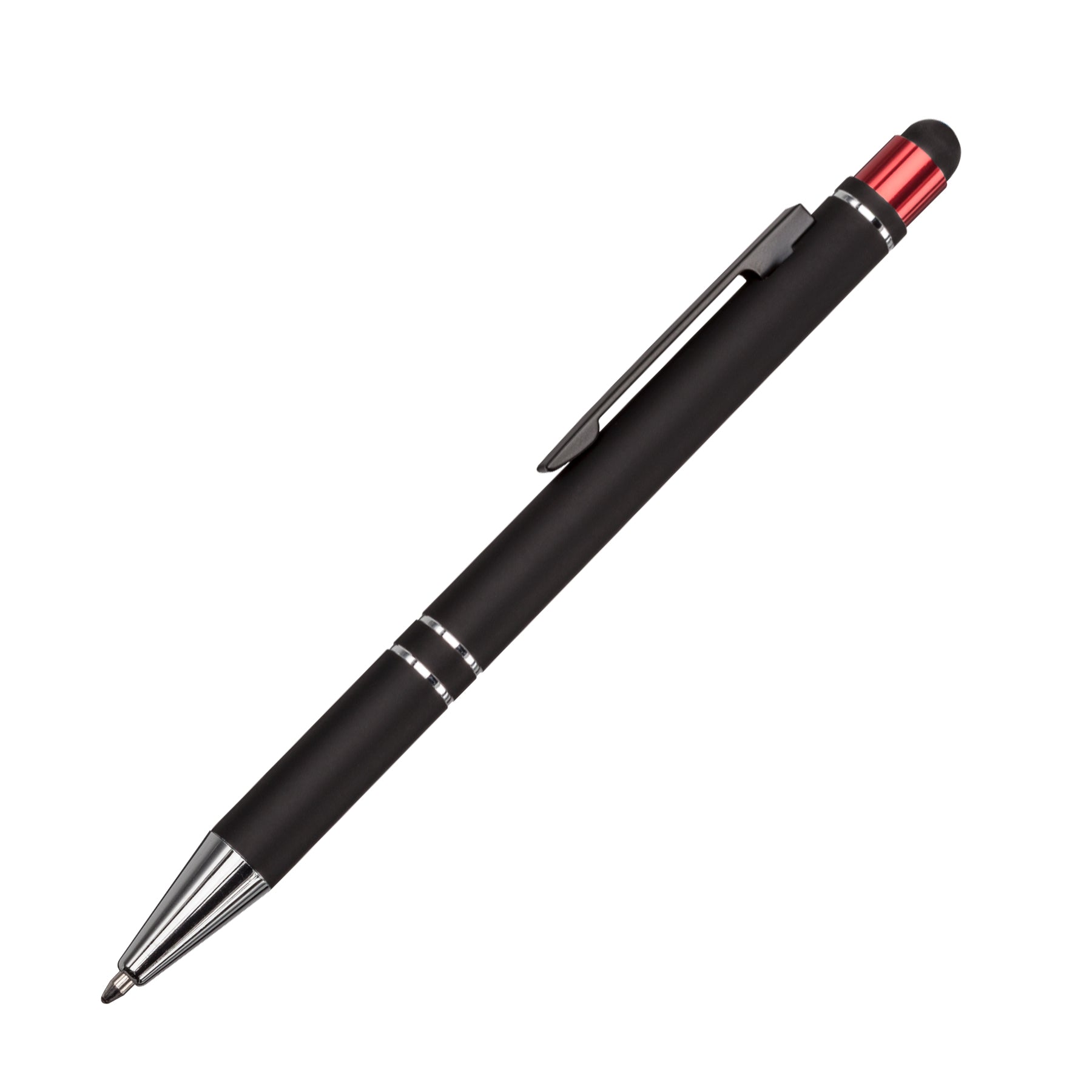 Scroll metal ballpoint pen with black barrel, chrome accents, red top detail, and integrated stylus tip.