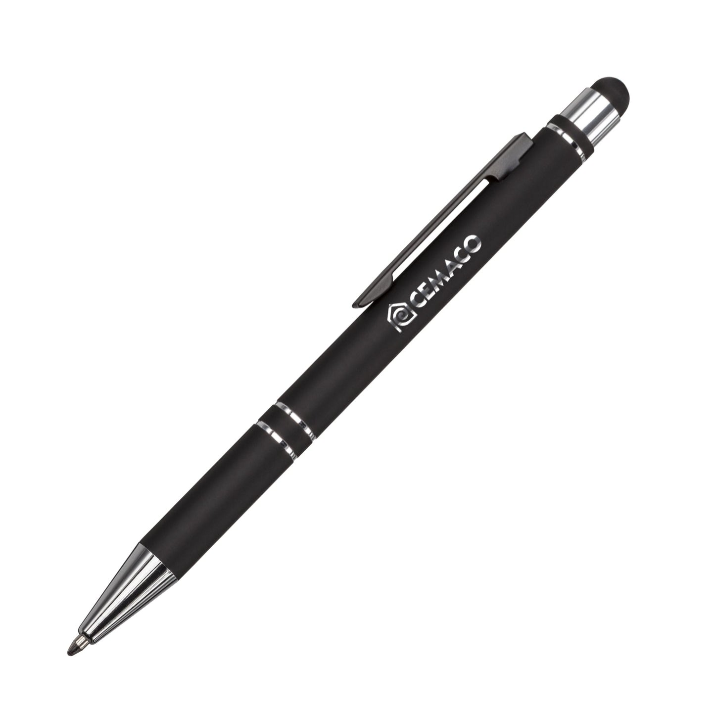 Scroll metal ballpoint pen with stylus tip in black finish, featuring chrome accents and clip, branded with GEMACO logo.