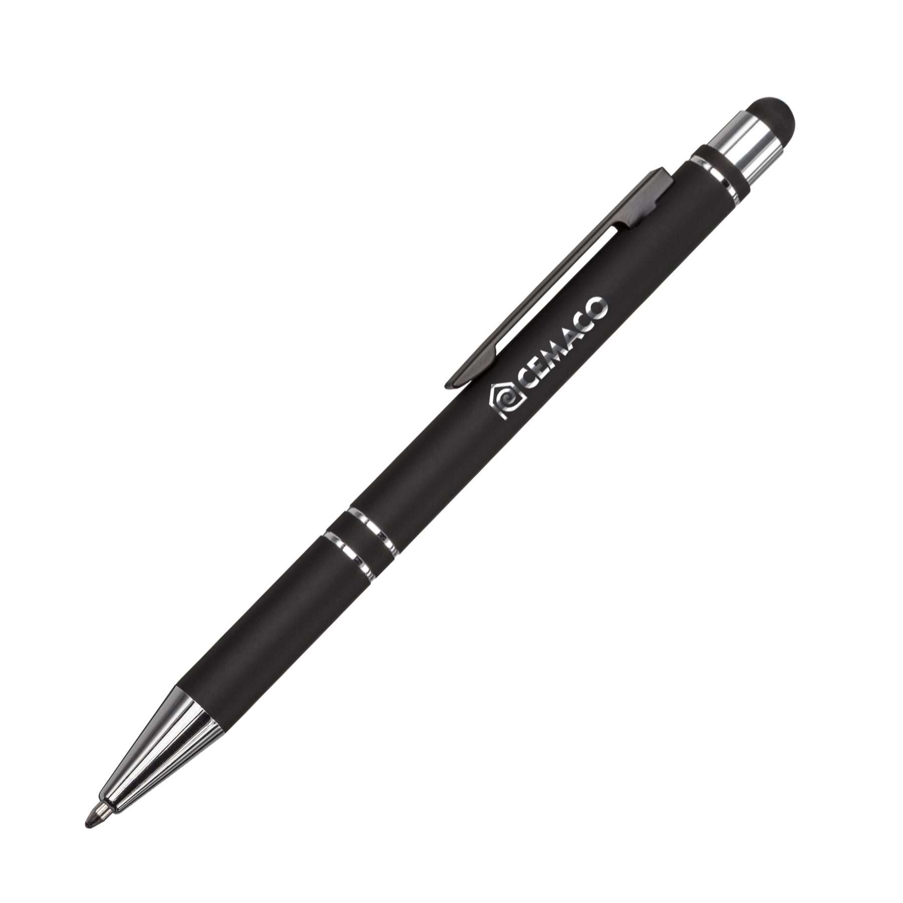 Scroll metal ballpoint pen with stylus tip in black finish, featuring chrome accents and clip, branded with GEMACO logo.
