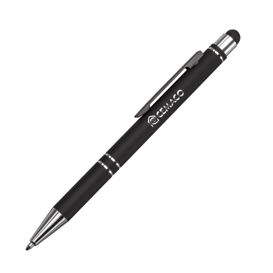 Scroll metal ballpoint pen with stylus tip in black finish, featuring chrome accents and clip, branded with GEMACO logo.