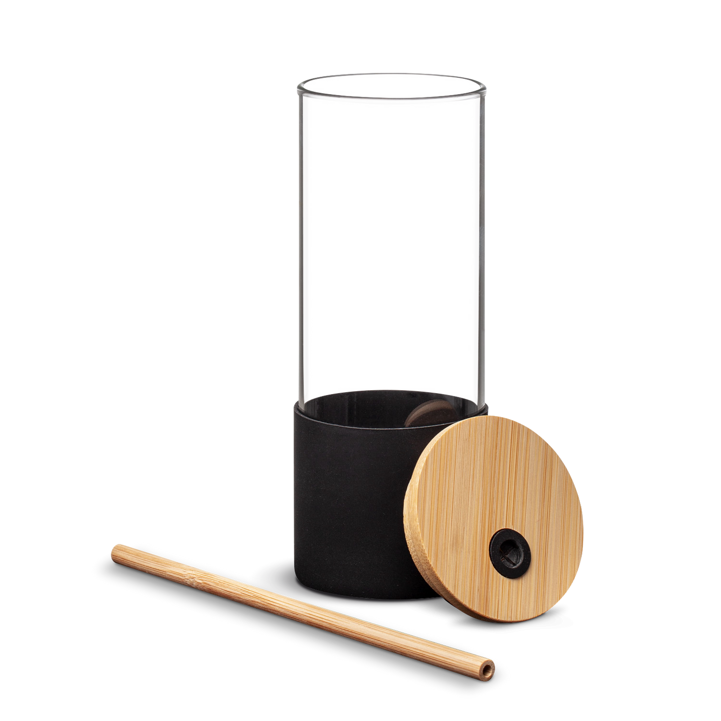 Shanti 17oz borosilicate glass tumbler with black silicone sleeve, bamboo lid, and bamboo straw shown disassembled