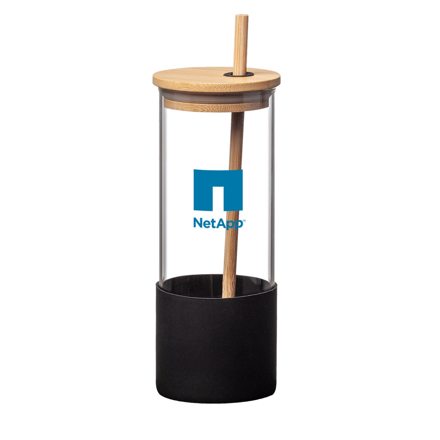 Shanti 17oz borosilicate glass tumbler with black silicone sleeve, bamboo lid, bamboo straw, and NetApp logo