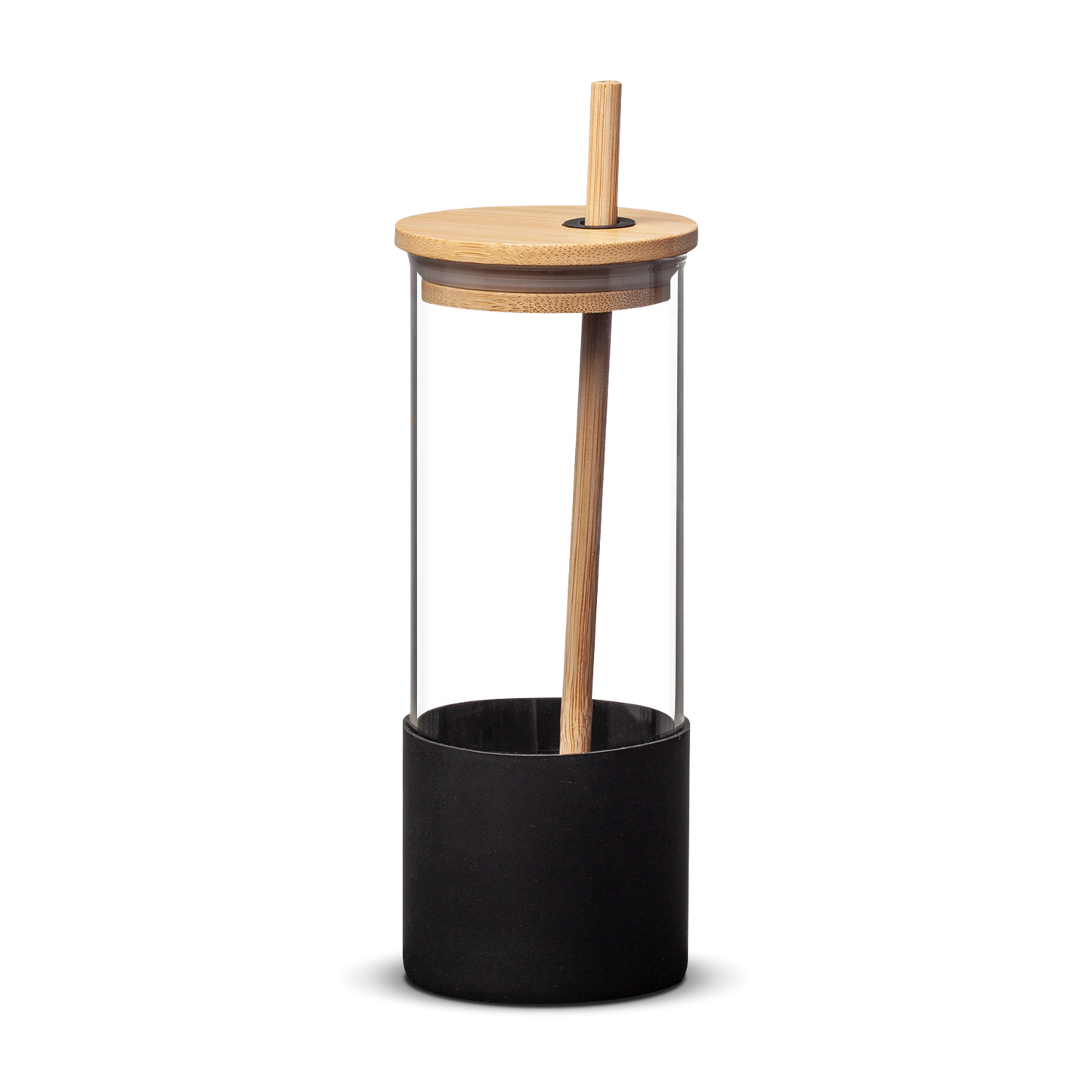 Shanti 17oz borosilicate glass tumbler with black silicone sleeve, bamboo lid, and bamboo straw fully assembled