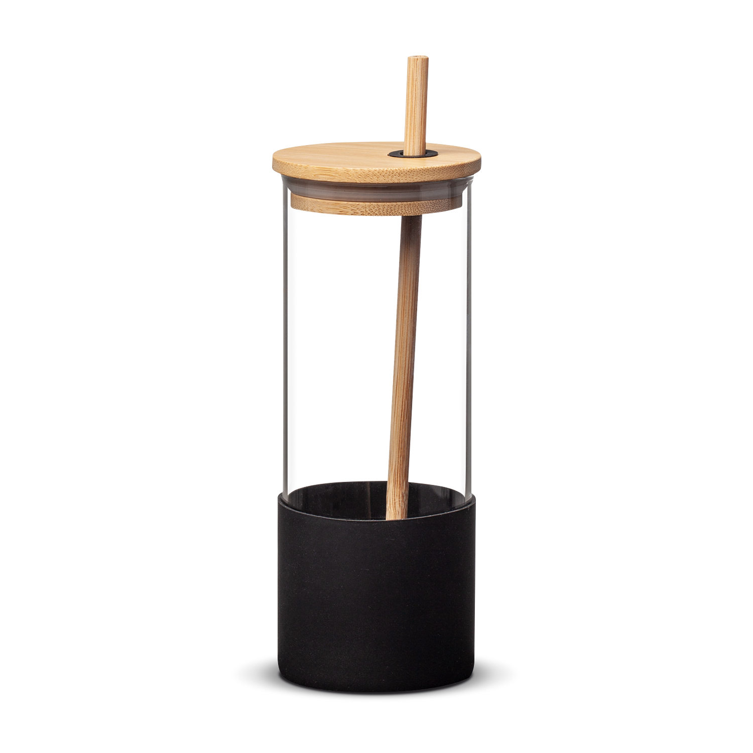 Shanti 17oz borosilicate glass tumbler with black silicone sleeve, bamboo lid, and bamboo straw fully assembled