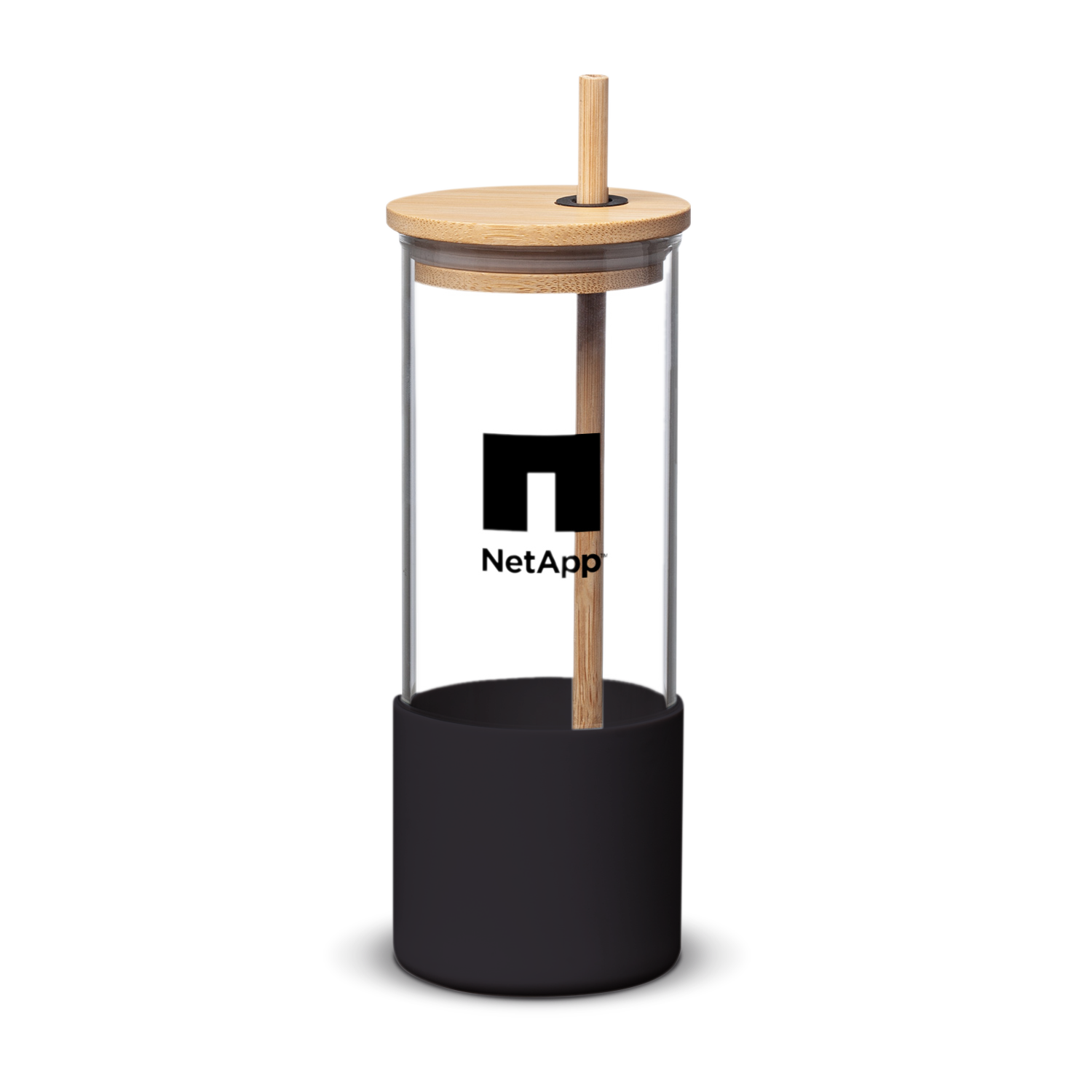 Shanti 17oz borosilicate tumbler with black silicone sleeve, bamboo lid and straw, and NetApp logo printed on glass
